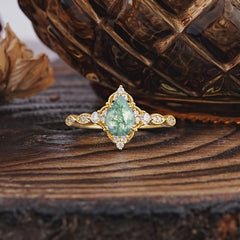 Antique Pear-Cut Natural Moss Agate Engagement Ring