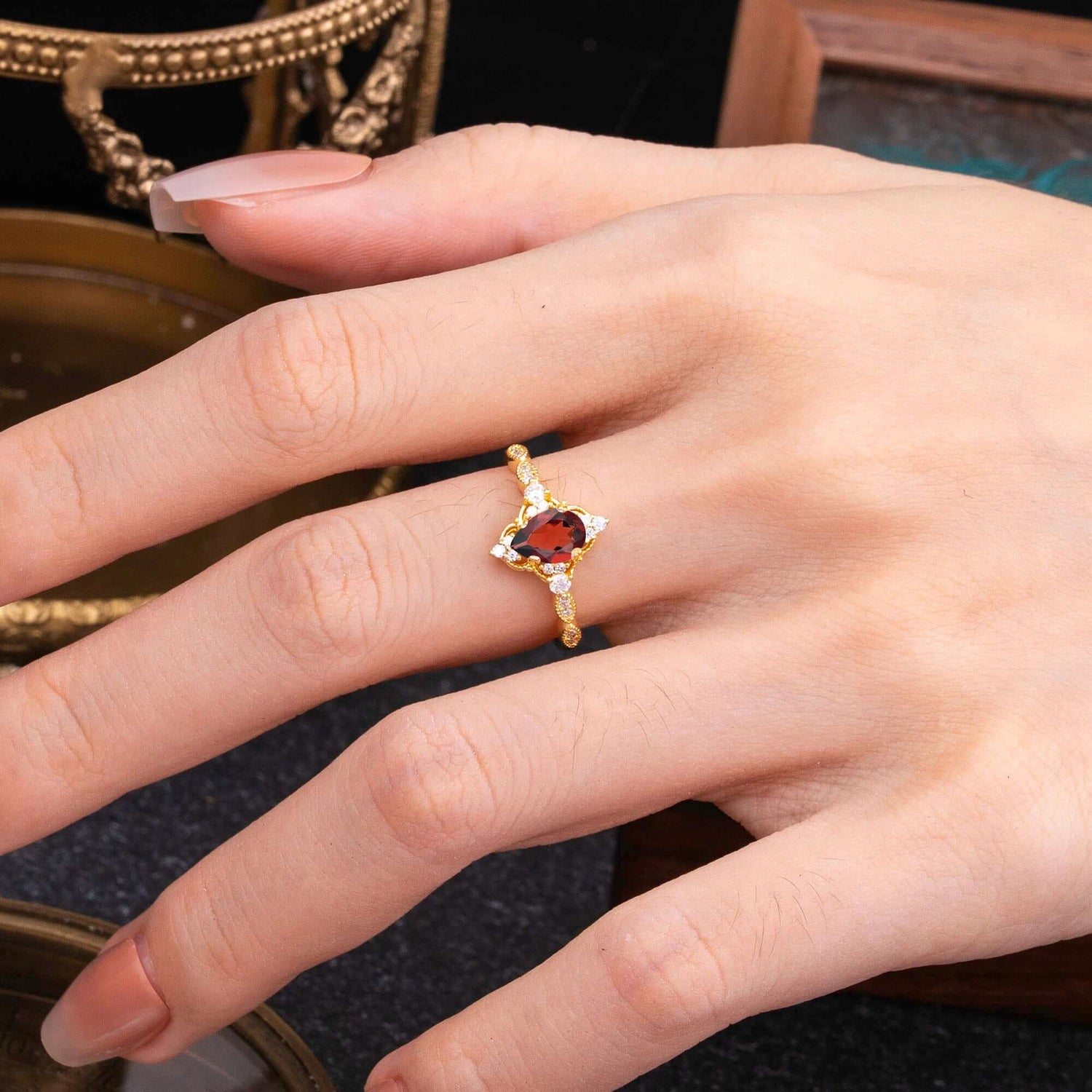 Antique Pear-Cut Natural Garnet Engagement Ring
