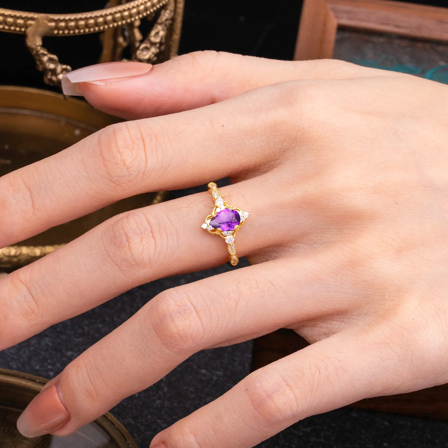 Antique Pear-Cut Natural Amethyst Engagement Ring