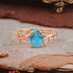 Organic Vine-Entwined 4-Prong Pear-Cut Turquoise Engagement Ring