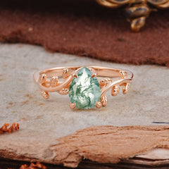 Organic Vine-Entwined 4-Prong Pear-Cut Natural Moss Agate Engagement Ring