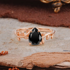 Organic Vine-Entwined 4-Prong Pear-Cut Black Onyx Engagement Ring