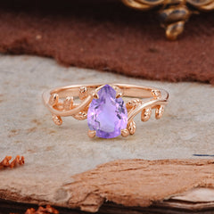 Organic Vine-Entwined 4-Prong Pear-Cut Natural Amethyst Engagement Ring