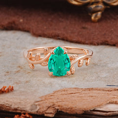 Organic Vine-Entwined 4-Prong Pear-Cut Emerald Engagement Ring