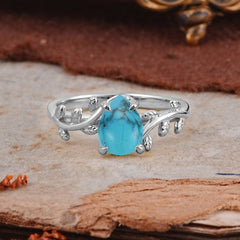 Organic Vine-Entwined 4-Prong Pear-Cut Turquoise Engagement Ring