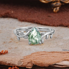 Organic Vine-Entwined 4-Prong Pear-Cut Natural Moss Agate Engagement Ring