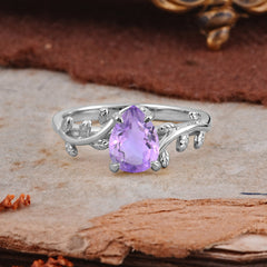 Organic Vine-Entwined 4-Prong Pear-Cut Natural Amethyst Engagement Ring