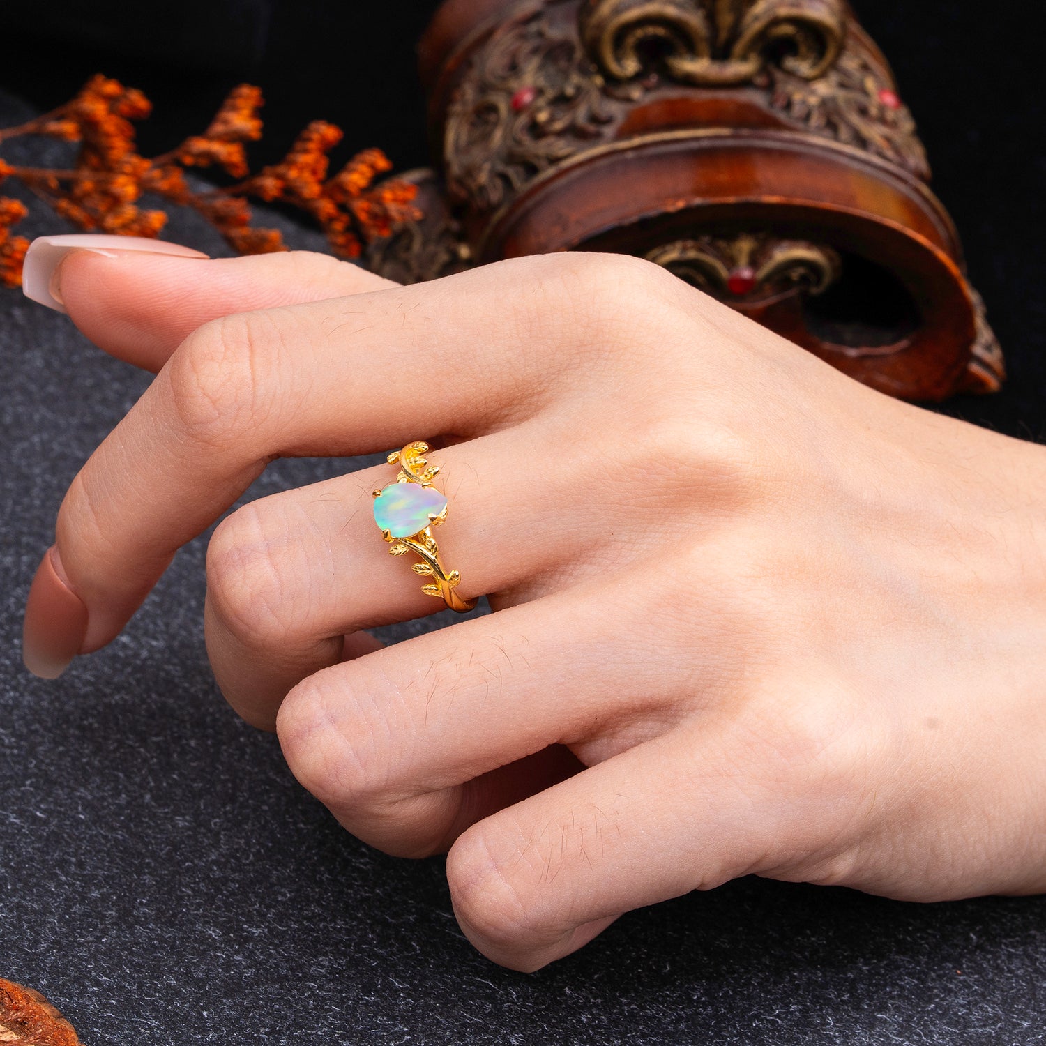 Organic Vine-Entwined 4-Prong Pear-Cut Opal Engagement Ring