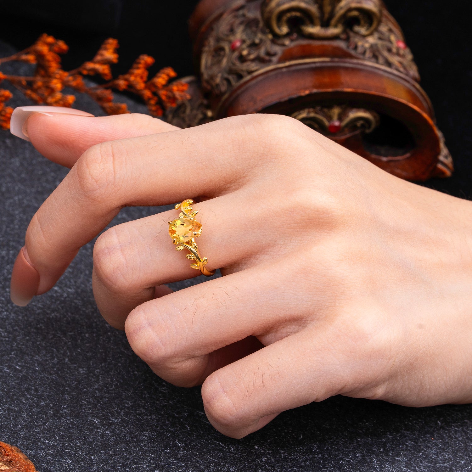 Organic Vine-Entwined 4-Prong Pear-Cut Citrine Engagement Ring