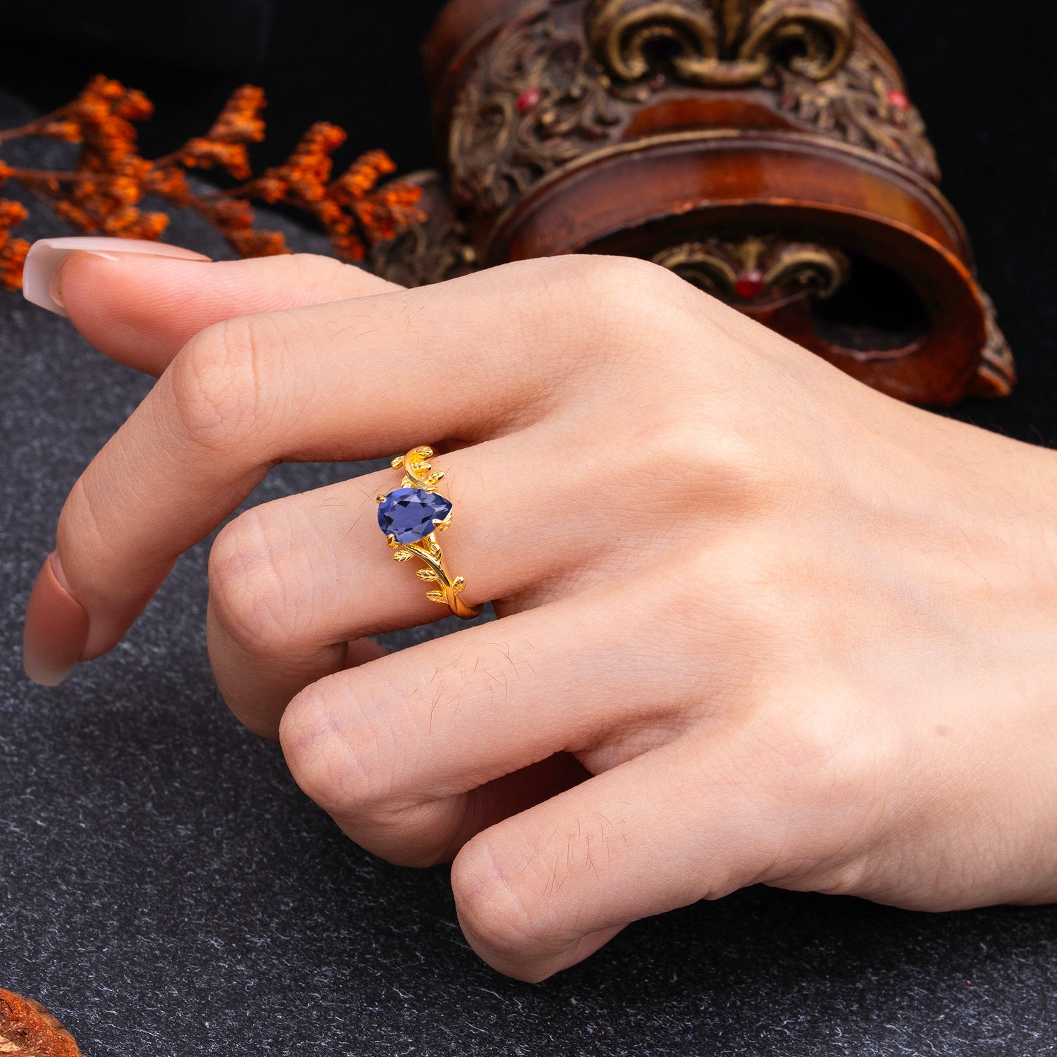 Organic Vine-Entwined 4-Prong Pear-Cut Tanzanite Engagement Ring