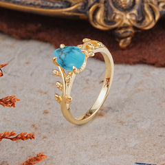 Organic Vine-Entwined 4-Prong Pear-Cut Turquoise Engagement Ring