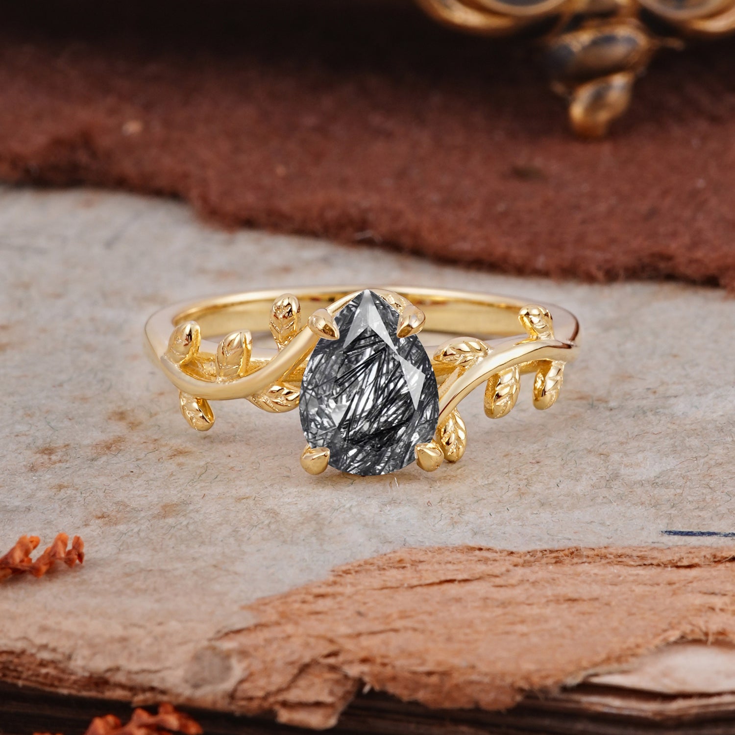 Organic Vine-Entwined 4-Prong Pear-Cut Black Rutilated Quartz Engagement Ring