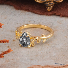Organic Vine-Entwined 4-Prong Pear-Cut Black Rutilated Quartz Engagement Ring