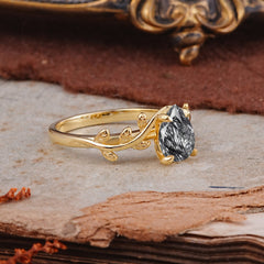 Organic Vine-Entwined 4-Prong Pear-Cut Black Rutilated Quartz Engagement Ring