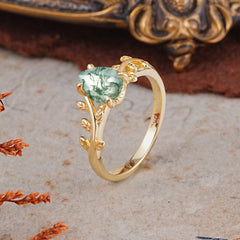 Organic Vine-Entwined 4-Prong Pear-Cut Natural Moss Agate Engagement Ring
