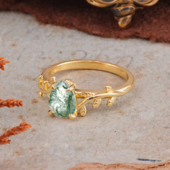 Organic Vine-Entwined 4-Prong Pear-Cut Natural Moss Agate Engagement Ring