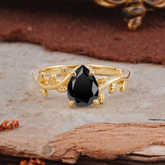 Organic Vine-Entwined 4-Prong Pear-Cut Black Onyx Engagement Ring