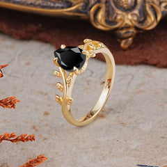 Organic Vine-Entwined 4-Prong Pear-Cut Black Onyx Engagement Ring