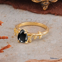 Organic Vine-Entwined 4-Prong Pear-Cut Black Onyx Engagement Ring