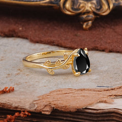 Organic Vine-Entwined 4-Prong Pear-Cut Black Onyx Engagement Ring