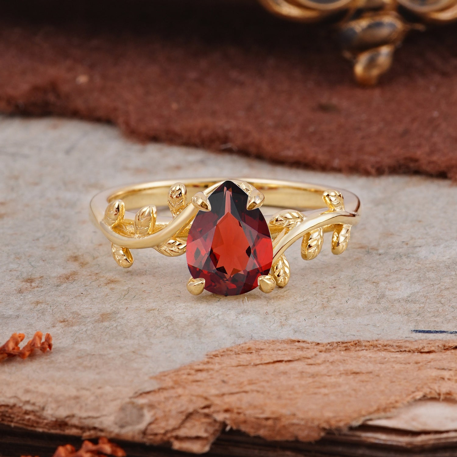 Organic Vine-Entwined 4-Prong Pear-Cut Natural Garnet Engagement Ring