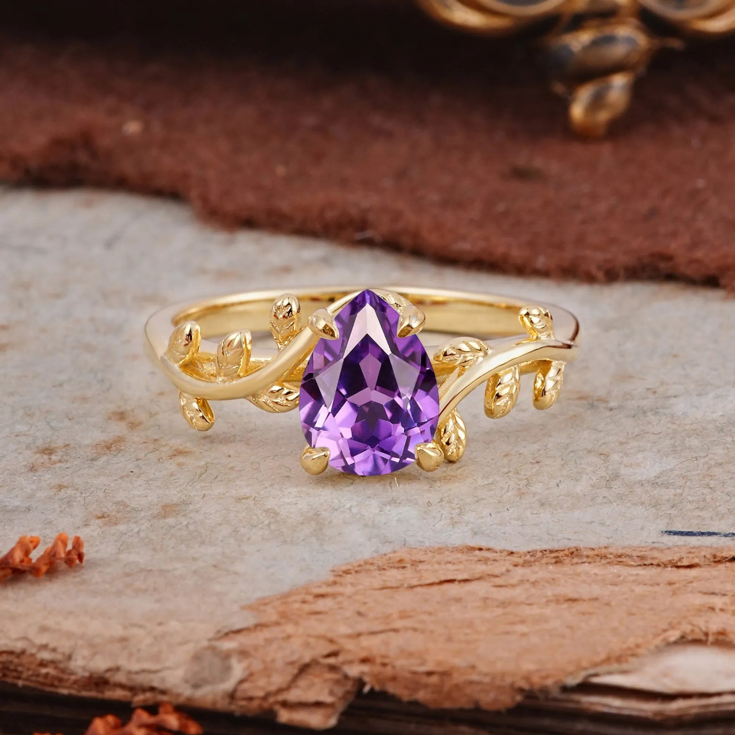Organic Vine-Entwined 4-Prong Pear-Cut Natural Amethyst Engagement Ring