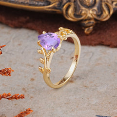 Organic Vine-Entwined 4-Prong Pear-Cut Natural Amethyst Engagement Ring