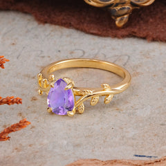 Organic Vine-Entwined 4-Prong Pear-Cut Natural Amethyst Engagement Ring