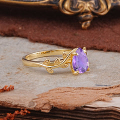 Organic Vine-Entwined 4-Prong Pear-Cut Natural Amethyst Engagement Ring