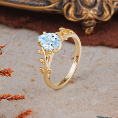 Organic Vine-Entwined 4-Prong Pear-Cut Aquamarine Engagement Ring