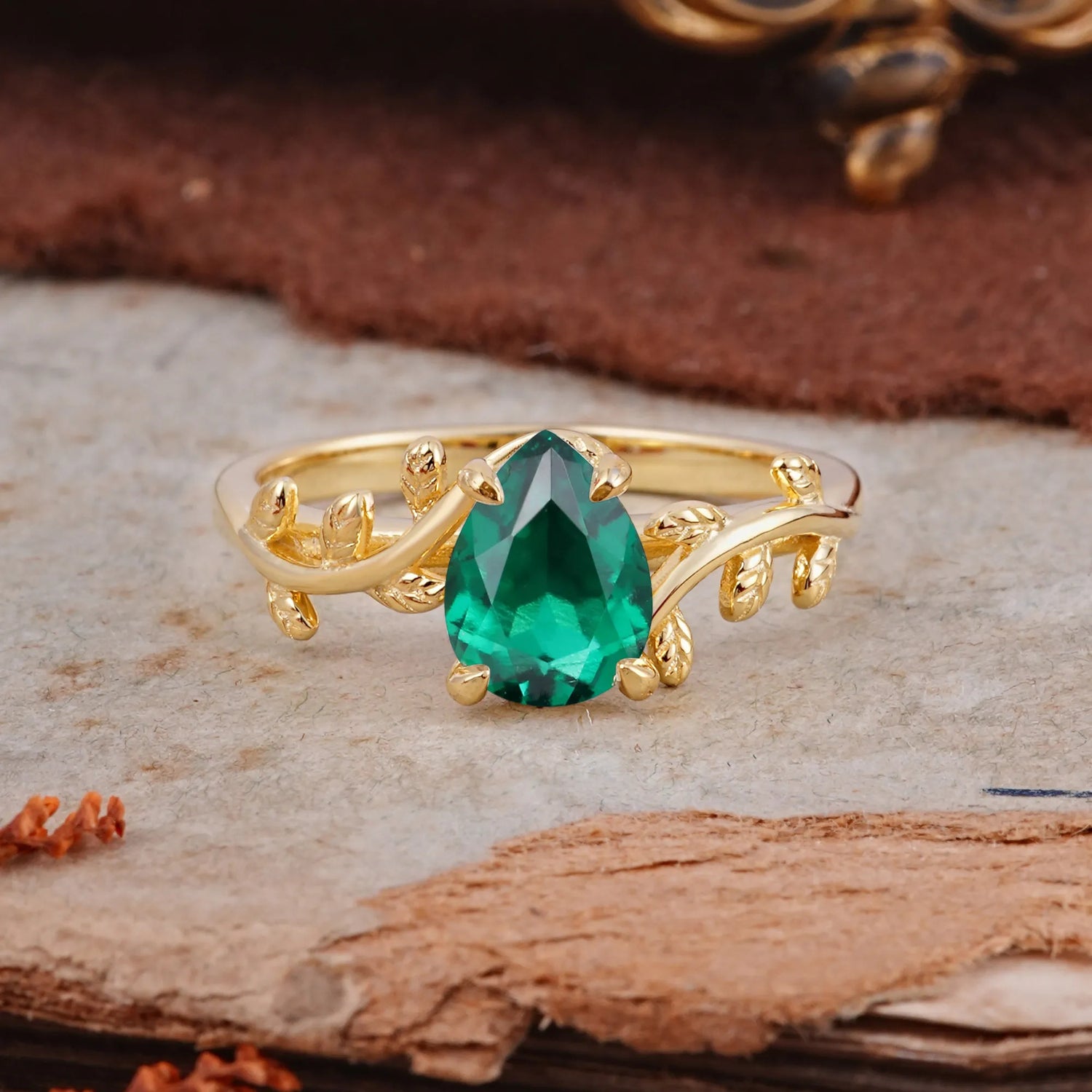 Organic Vine-Entwined 4-Prong Pear-Cut Emerald Engagement Ring