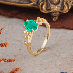 Organic Vine-Entwined 4-Prong Pear-Cut Emerald Engagement Ring