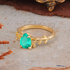 Organic Vine-Entwined 4-Prong Pear-Cut Emerald Engagement Ring