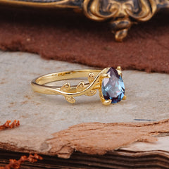 Organic Vine-Entwined 4-Prong Pear-Cut Alexandrite Engagement Ring