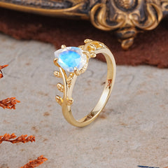 Organic Vine-Entwined 4-Prong Pear-Cut Moonstone Engagement Ring