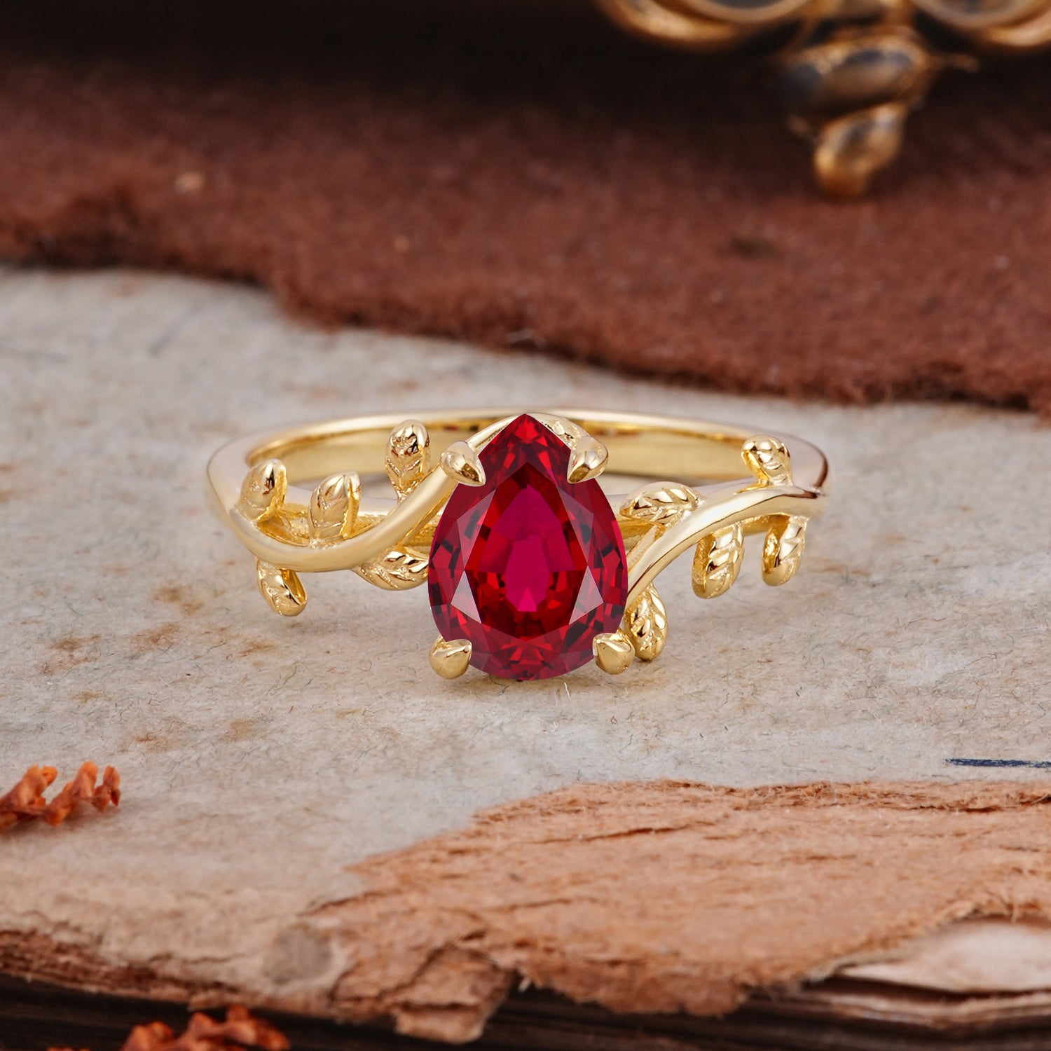 Organic Vine-Entwined 4-Prong Pear-Cut Ruby Engagement Ring