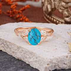 Vintage Leaf 4-Prong Oval Turquoise Engagement Ring for Women