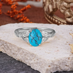 Vintage Leaf 4-Prong Oval Turquoise Engagement Ring for Women