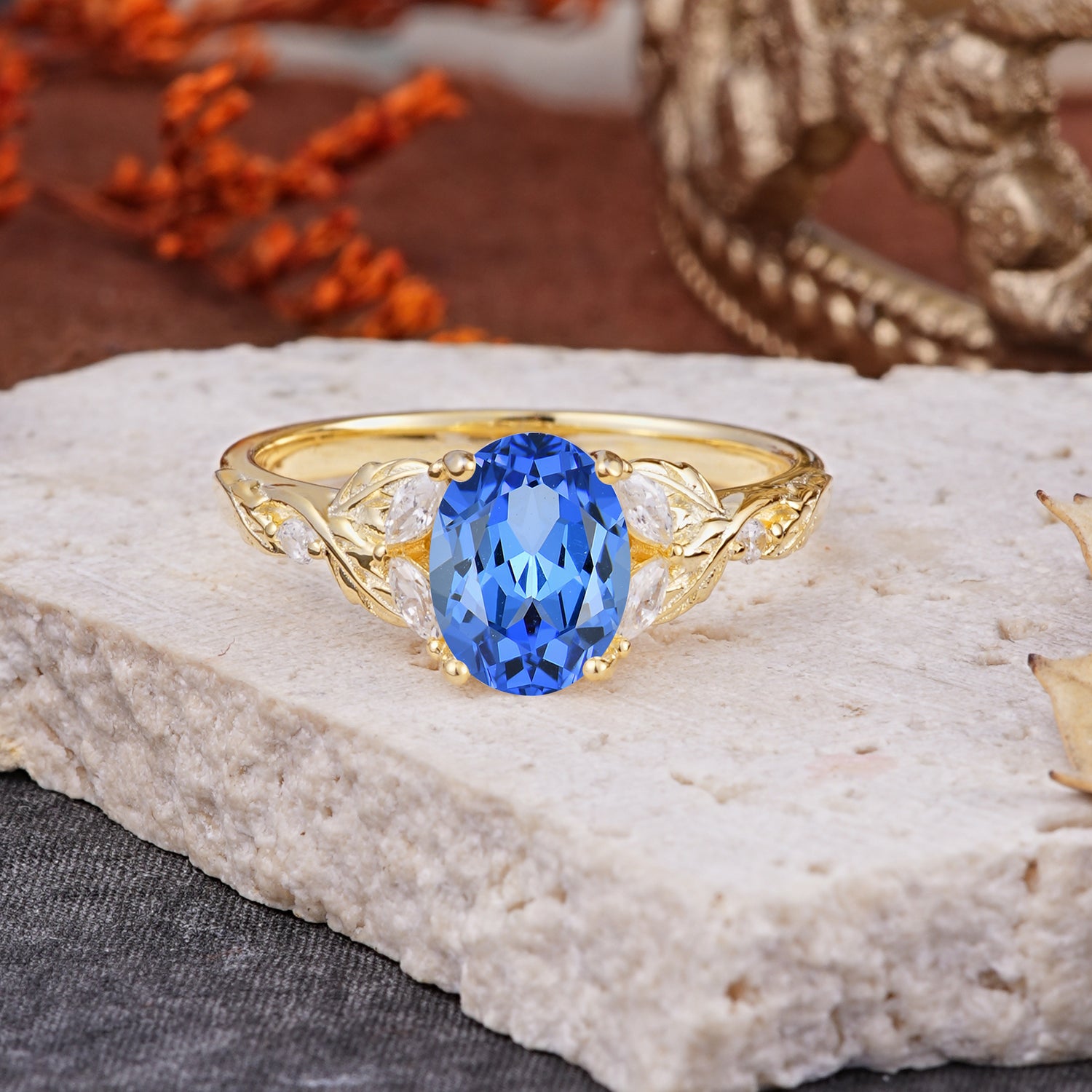 Vintage Leaf 4-Prong Oval Sapphire Engagement Ring for Women