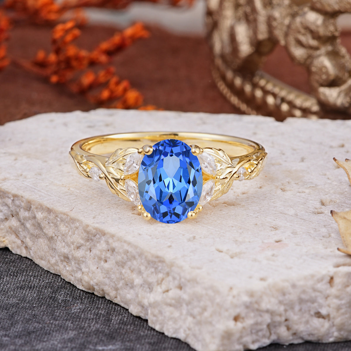 Vintage Leaf 4-Prong Oval Sapphire Engagement Ring for Women - Romalar Jewelry