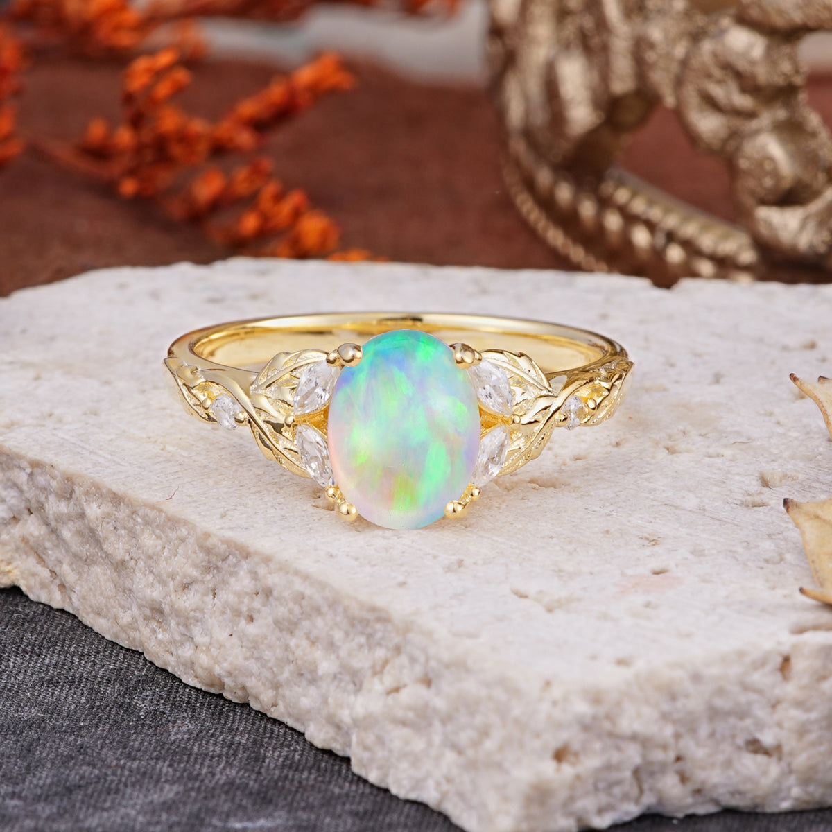 Vintage Leaf 4-Prong Oval Opal Engagement Ring for Women - Romalar Jewelry