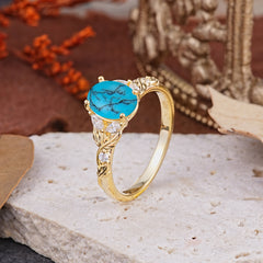 Vintage Leaf 4-Prong Oval Turquoise Engagement Ring for Women