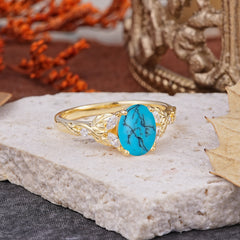 Vintage Leaf 4-Prong Oval Turquoise Engagement Ring for Women