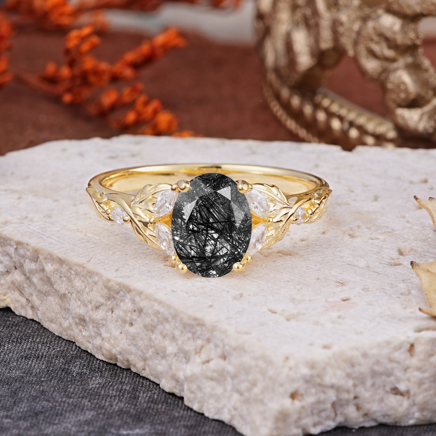 Vintage Leaf 4-Prong Oval Black Rutilated Quartz Engagement Ring for Women