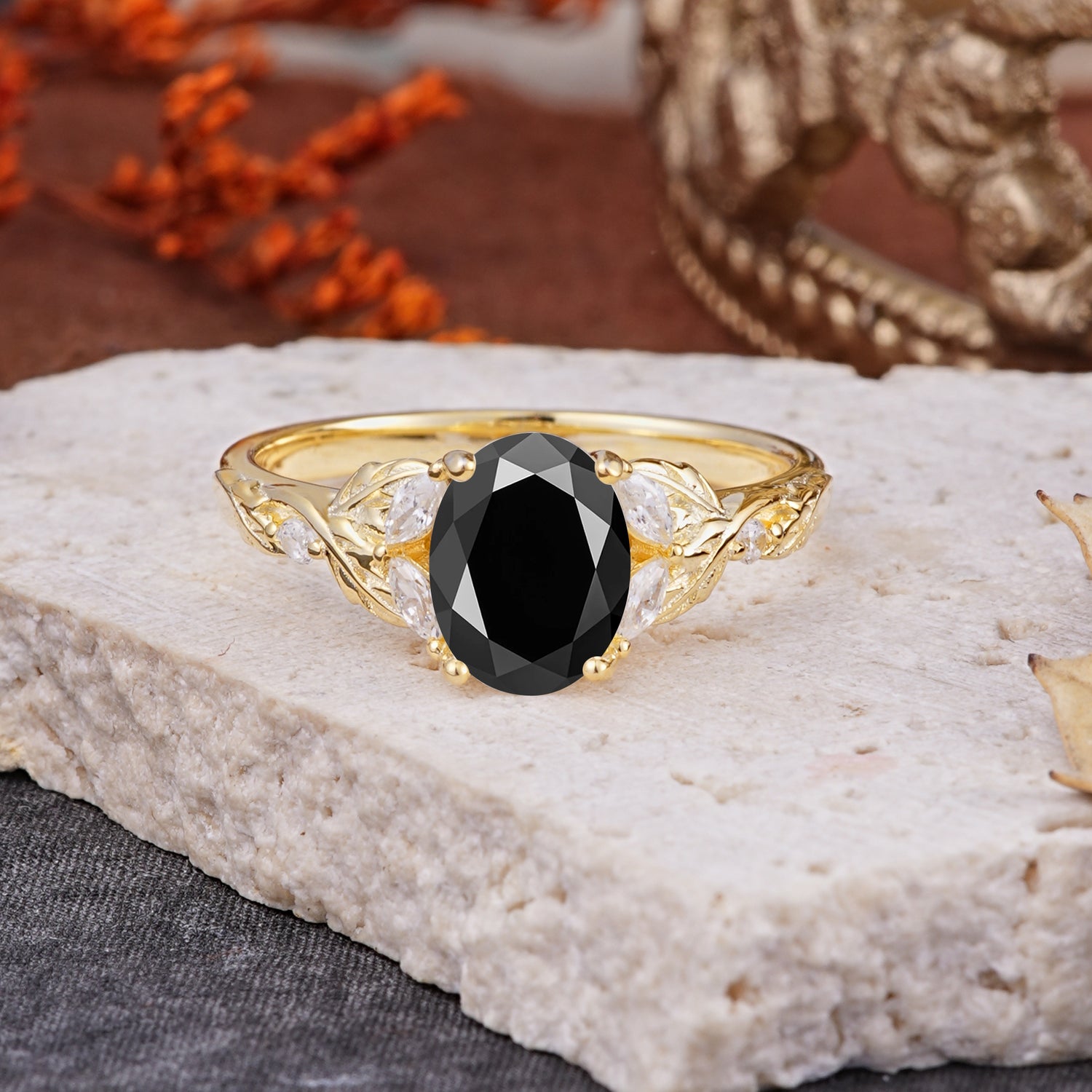 Vintage Leaf 4-Prong Oval Black Onyx Engagement Ring for Women