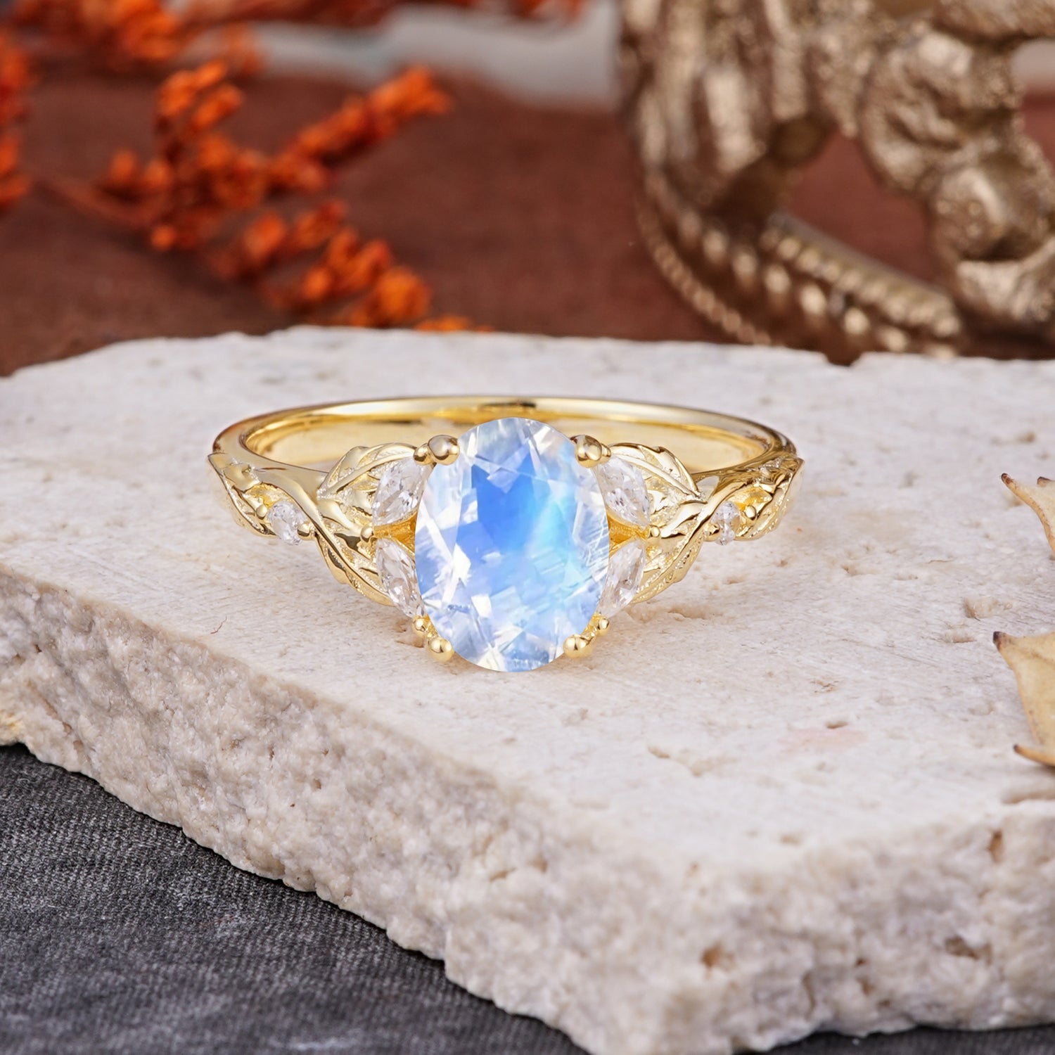 Vintage Leaf 4-Prong Oval Moonstone Engagement Ring for Women