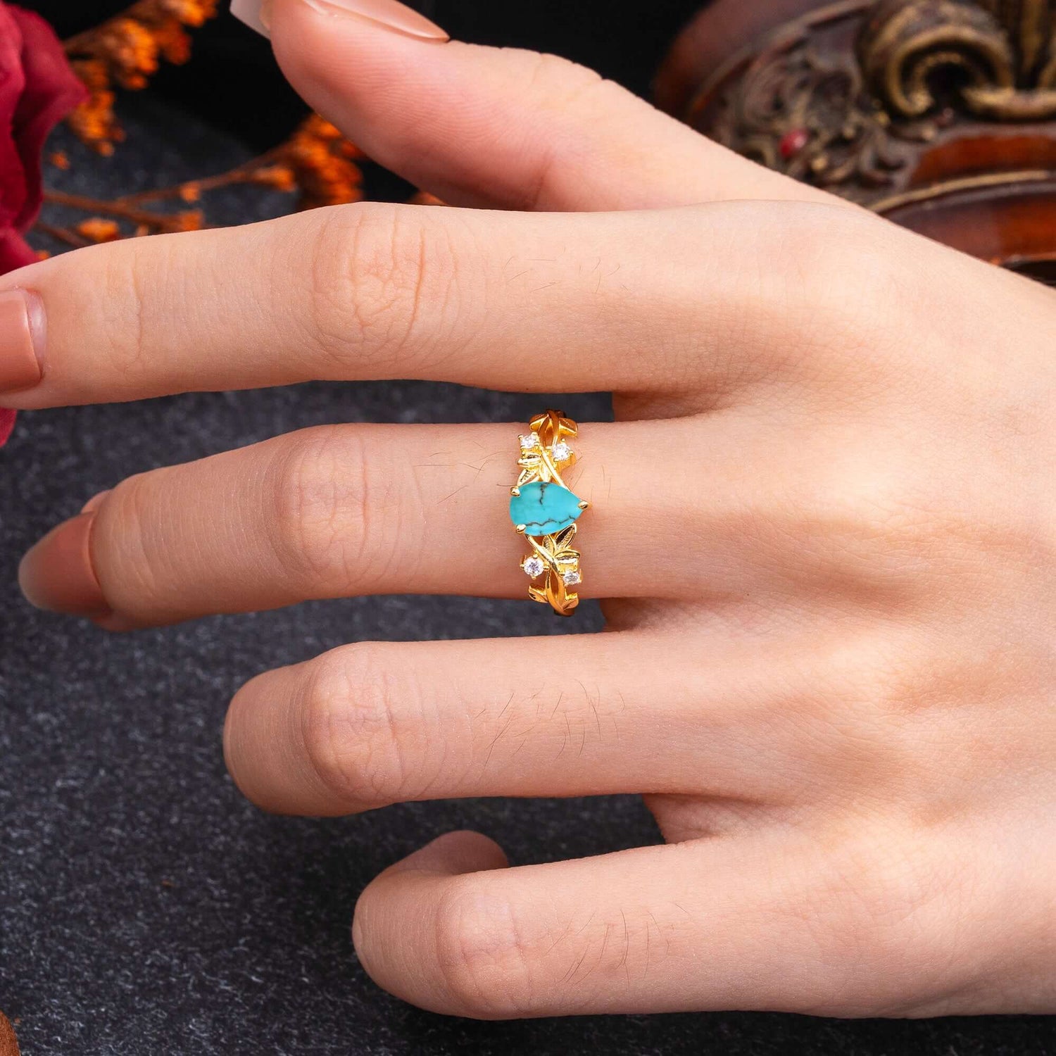 Luxury Vintage Haute Nature Inspired 4-Prong Oval Turquoise Engagement Ring