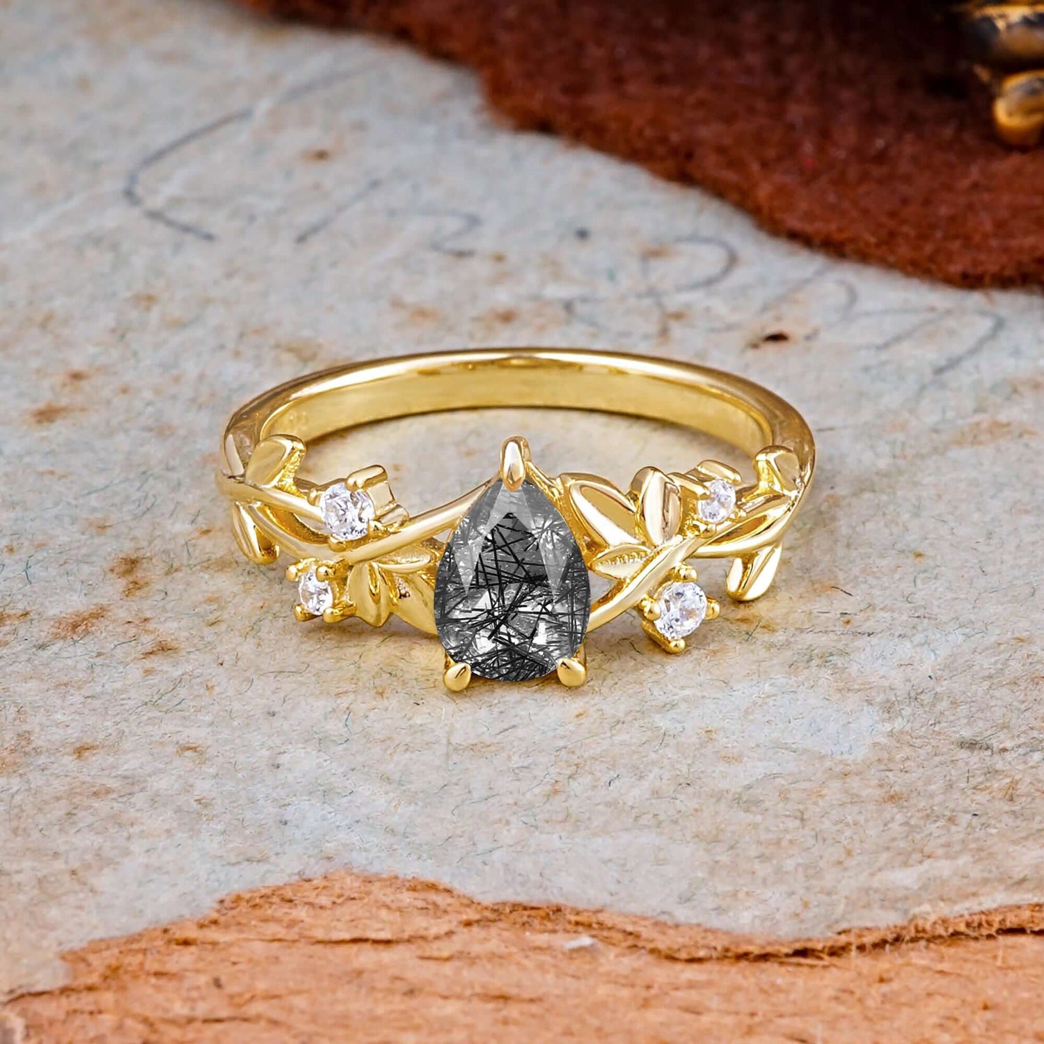 Luxury Vintage Nature-Inspired 4-Prong Oval Black Rutilated Quartz Engagement Ring