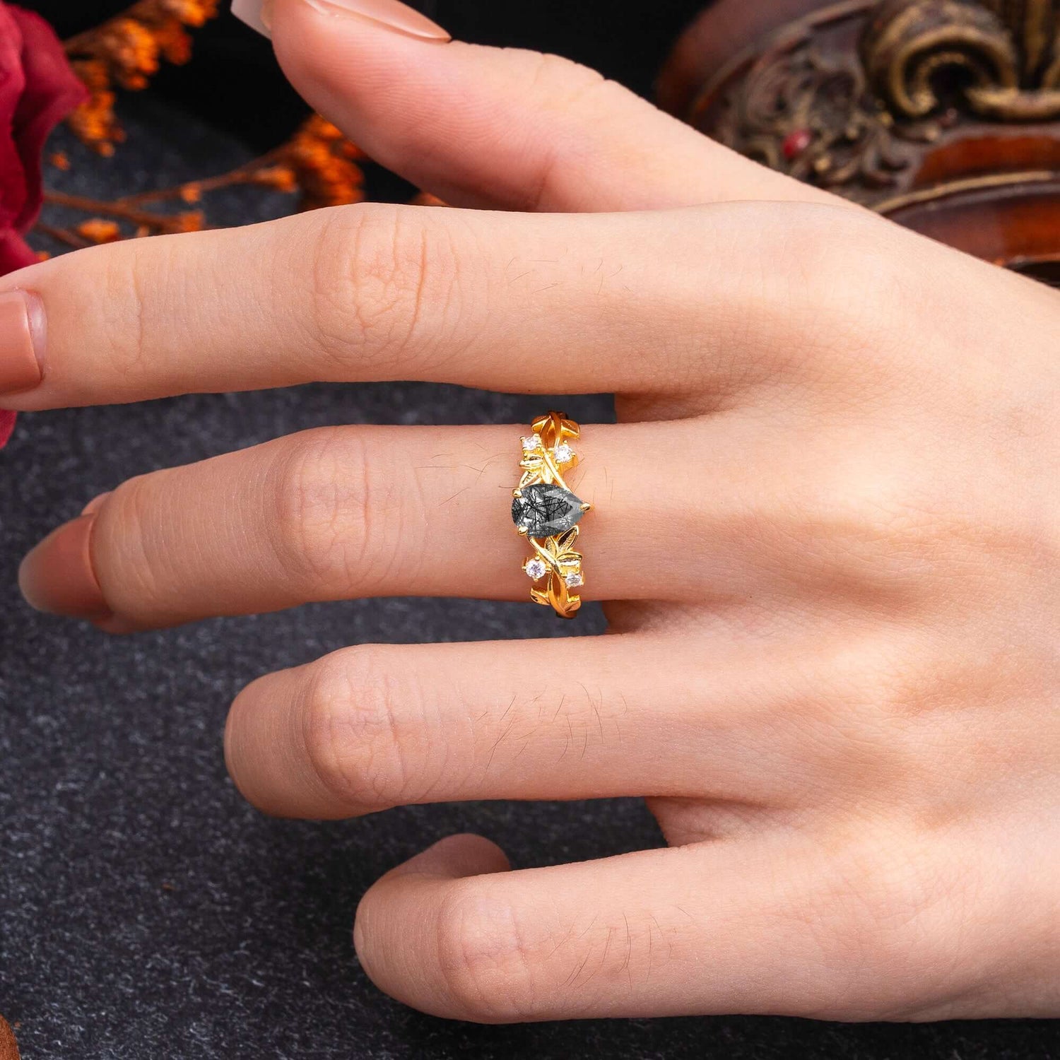 Luxury Vintage Nature-Inspired 4-Prong Oval Black Rutilated Quartz Engagement Ring