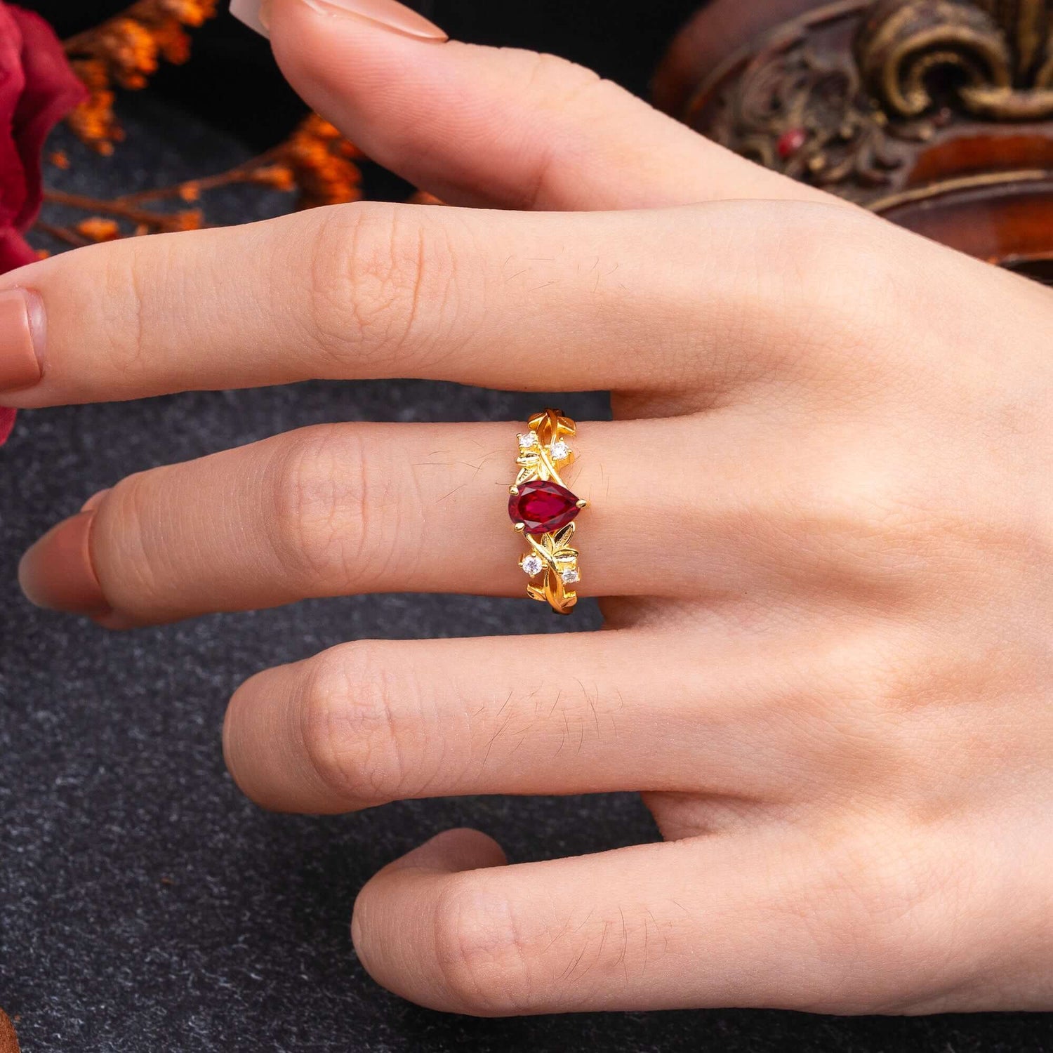 Luxury Vintage Nature-Inspired 4-Prong Oval Ruby Engagement Ring